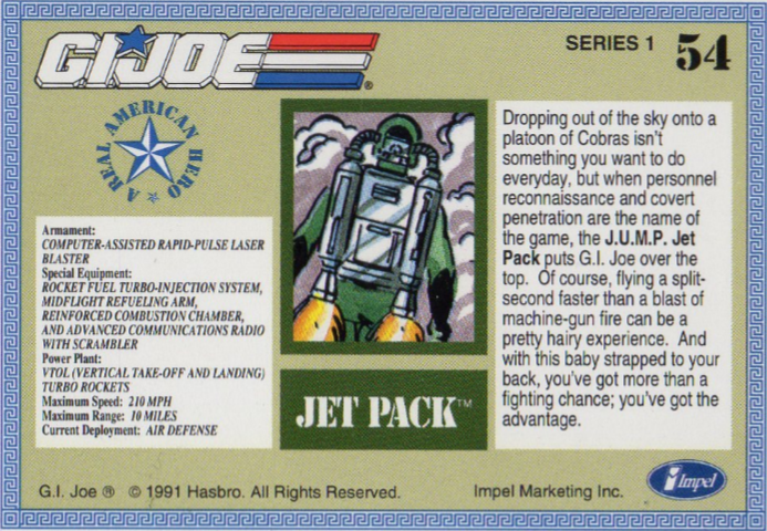 Jet Pack JUMP # 54 GI Joe Series 1 Impel Hasbro 1991 Base Trading Card 